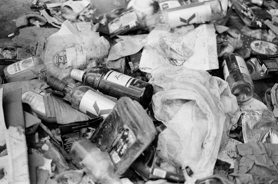 A green old clothing collection box with Chinese characters and a contact number on its upper section, situated outdoors against a backdrop of dense foliage and partially visible structures. The box has a rectangular shape with a sloped top, a large empty opening at the top for depositing items, and smaller compartments below designated for different types of clothing, shoes, bags, and books, indicated by simple line illustrations and Chinese labels. In front of the box, on the ground, there is a noticeable amount of discarded rubbish including various shoes, clothing, plastic bags, small packaging materials, and miscellaneous items, some scattered directly on the paved surface. The scene appears to be in a neglected or cluttered area where informal waste disposal is evident, reflecting issues of environmental cleanliness and rubbish management concerns related to private waste collection services. The overall lighting is natural but subdued, fitting a daytime outdoor setting with overgrown foliage providing a leafy background behind the collection point, which is associated with efforts to reuse or recycle clothing and textiles, aligning with alternative waste handling practices.