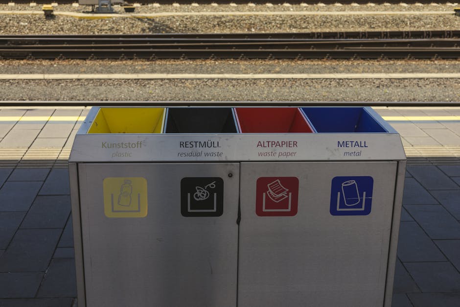 A four-section public waste disposal bin positioned on a train station platform, with each compartment designated for specific waste types through colour coding and labels in multiple languages. The first compartment on the left is yellow with a bottle icon, intended for plastic waste, featuring a smooth, glossy finish. The second compartment is black with a cigarette butt icon, designed for residual waste, with a matte surface. The third compartment is red with a waste paper icon, designated for waste paper, exhibiting a similar matte texture. The fourth compartment is blue with a can icon, assigned for metal waste, also with a smooth finish. The bin is situated on a tiled platform, with train tracks visible in the background, illuminated by natural daylight creating shadows on the ground. The setting suggests an environment where independent waste collection is facilitated, supporting alternative disposal methods at public transit locations, with waste segregation clearly indicated for proper recycling and disposal practices.